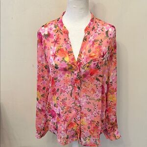 Kut from the Kloth pink floral long rollable sleeve sheer blouse Size S EUC